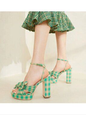 Loeffler Randall Natalia Bow Platform Heel SANDALS Size 5 Green Gingham NEW $450